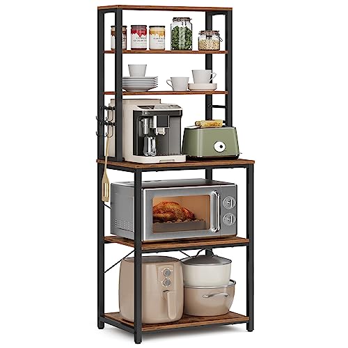 VASAGLE VASAGLE Coffee Bar Bakers Rack for Kitchen with Storage 6Tier Kitchen Shelves with 6 Hooks Microwave Stand Industrial 157 x 236 x 657 Inches Rustic Brown and Black UKKS024B01