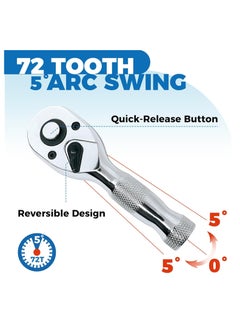 KASTWAVE 3 Pcs Stubby Ratchet Set, Quick Release Reversible, 1/4", 3/8", 1/2" Drive Mini Ratchet Handle, Small Ratchet Set, Chrome Alloy Made, CR-MO Head, 72-Tooth, Full Polished  - Image 4