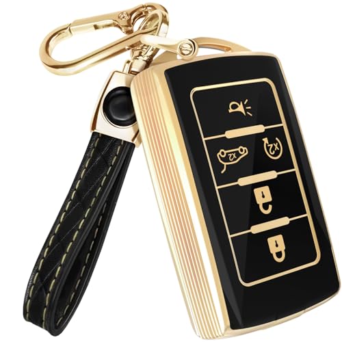 Lucrum Compatible with Jeep Grand Cherokee Key Fob Cover Leather Keychain TPU Keyfob Case for Cherokee Wagoneer 20212025 Black and Gold - Image 1