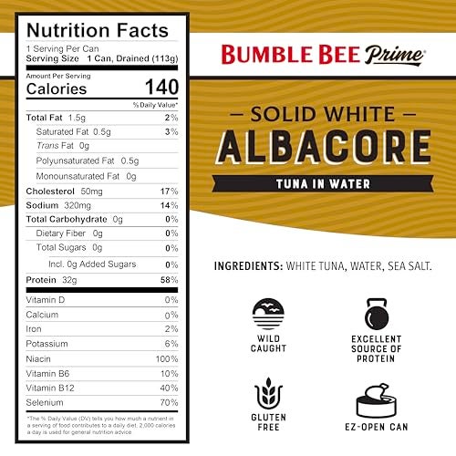 Bumble Bee Prime Solid White Albacore Tuna in Water 5 oz Easy Open Can  Premium Wild Caught Tuna  32g Protein per Serving  NonGMO Project Verified Gluten Free Kosher - Image 5