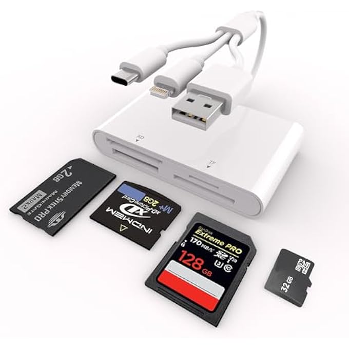 rayihni MEMORY STICK PRO DUO ADAPTER FOR IPHONE/ANDROID/PC, 4 IN 1 SD/TF/MS/XD PICTURE CARD READER WITH LIGHTNING/USB/USB-C CONNECTOR MEMORY CARD READER, MEMORY STICK PRO DUO READER FOR SONY PLUG & PLAY - Image 1