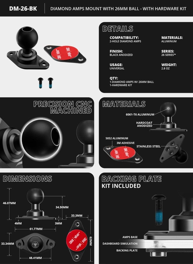 Tackform Diamond AMPS Mount - 25.4mm/1”/B-Sized System Compatible | 6061-T6 Aluminum Ball | 2-Hole Drill Base | Mount Direct to Dash, AMPS, or Grid Style Brackets | Includes Hardware Kit | - Image 2