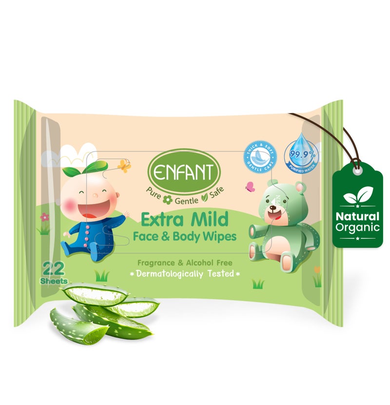 إنفانت مناديل ENFANT Extra Mild العضوية للوجه والجسم – 8 عبوات (إجمالي 176 منديل)، تحتوي على 99.97% ماء نقي، خالية من العطور والكحول، فائقة النعومة واللطف للبشرة الحساسة والرقيقة، خالية من البارابين، ومضادة للحساسية. - Image 2