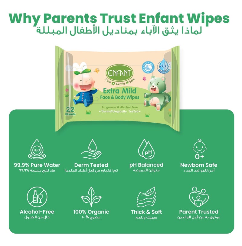 إنفانت مناديل ENFANT Extra Mild العضوية للوجه والجسم – 8 عبوات (إجمالي 176 منديل)، تحتوي على 99.97% ماء نقي، خالية من العطور والكحول، فائقة النعومة واللطف للبشرة الحساسة والرقيقة، خالية من البارابين، ومضادة للحساسية. - Image 4