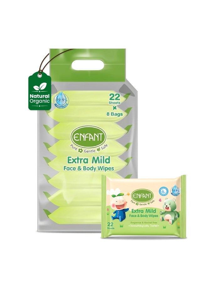 إنفانت مناديل ENFANT Extra Mild العضوية للوجه والجسم – 8 عبوات (إجمالي 176 منديل)، تحتوي على 99.97% ماء نقي، خالية من العطور والكحول، فائقة النعومة واللطف للبشرة الحساسة والرقيقة، خالية من البارابين، ومضادة للحساسية. - Image 1
