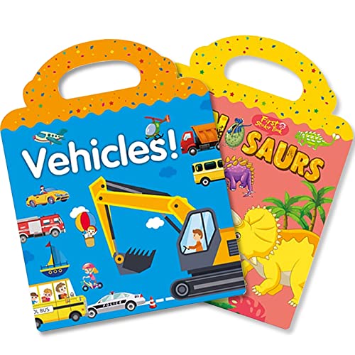 RUSON Reusable Sticker Book for Kids 2 Sets Educational Learning Toys Travel Stickers Activity Books for Toddler Girls Boys Age 3 Birthday Gifts Vehicle Dinosaur - Image 1