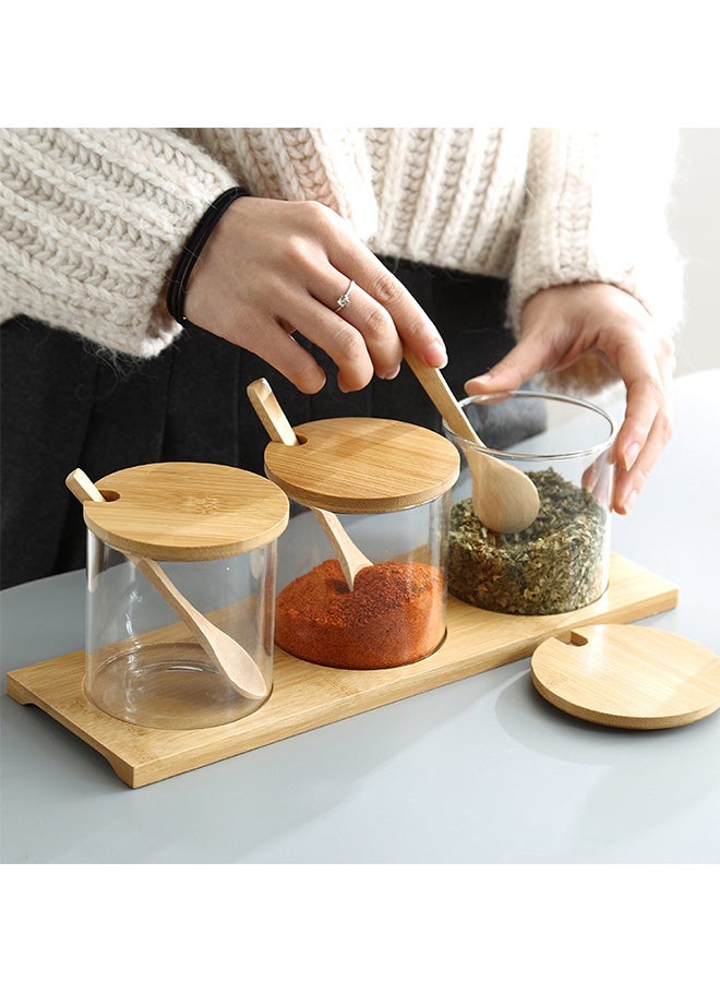 3 قطع 300 مل جرات التوابل الزجاجية ، صناديق التوابل مع الغطاء والملاعق ، مع علبات جرات تخزين المطبخ لمقهى المطبخ المنزلي تخزين الملح السكر الفلفل والتوابل - Image 1