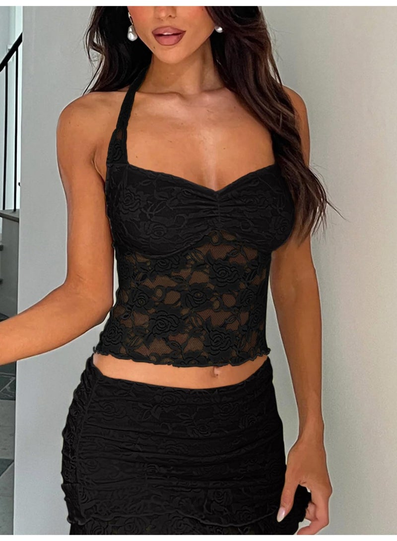HZYH Women Y2k Lace Halter Neck Crop Tops Sexy See Through Going Out Tops Cute Backless Sheer Tank Mesh Cami Shirt, S - Image 3