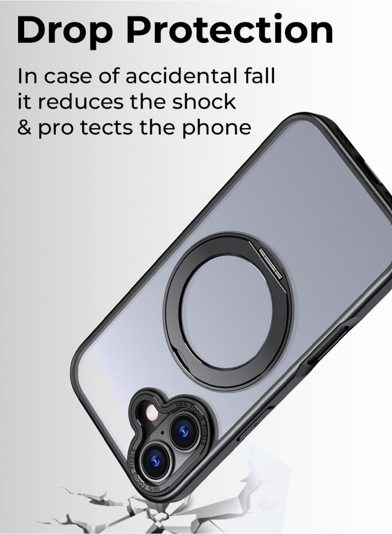 جلاسولوجي iPhone 17 Magsafe Case with 360° Rotating Ring Stand Heavy duty Protection Anti-Scratch Extra Raised Edges Strong Magnets For All Magsafe Accessories Sleek Black Finish - Image 4