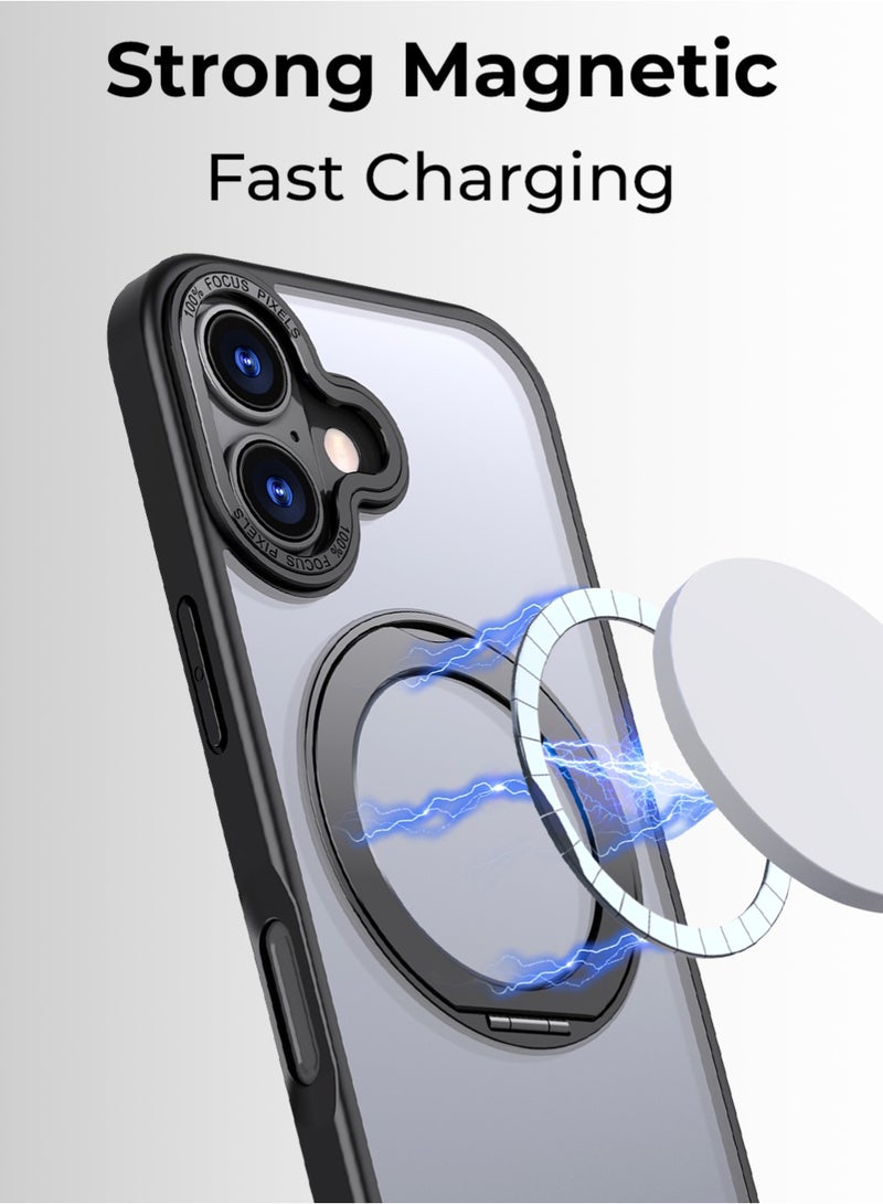 جلاسولوجي iPhone 17 Magsafe Case with 360° Rotating Ring Stand Heavy duty Protection Anti-Scratch Extra Raised Edges Strong Magnets For All Magsafe Accessories Sleek Black Finish - Image 3