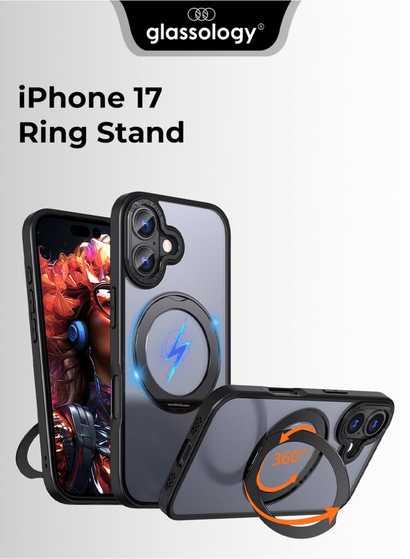 جلاسولوجي iPhone 17 Magsafe Case with 360° Rotating Ring Stand Heavy duty Protection Anti-Scratch Extra Raised Edges Strong Magnets For All Magsafe Accessories Sleek Black Finish - Image 1