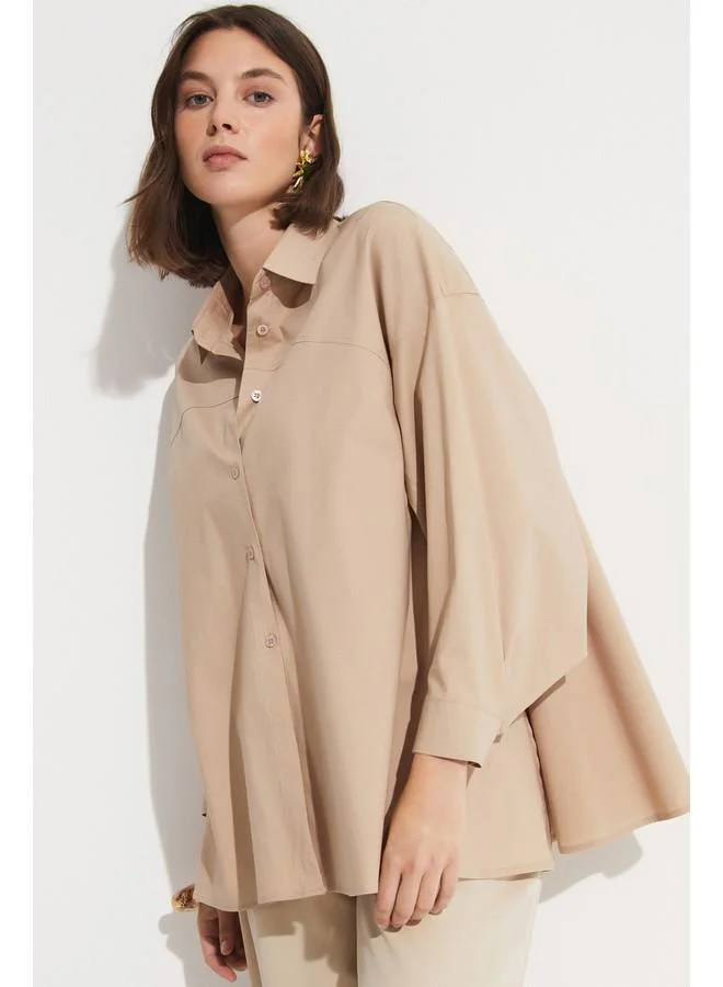 JUNE June 100% Cotton Stitching Detailed Shirt Stone