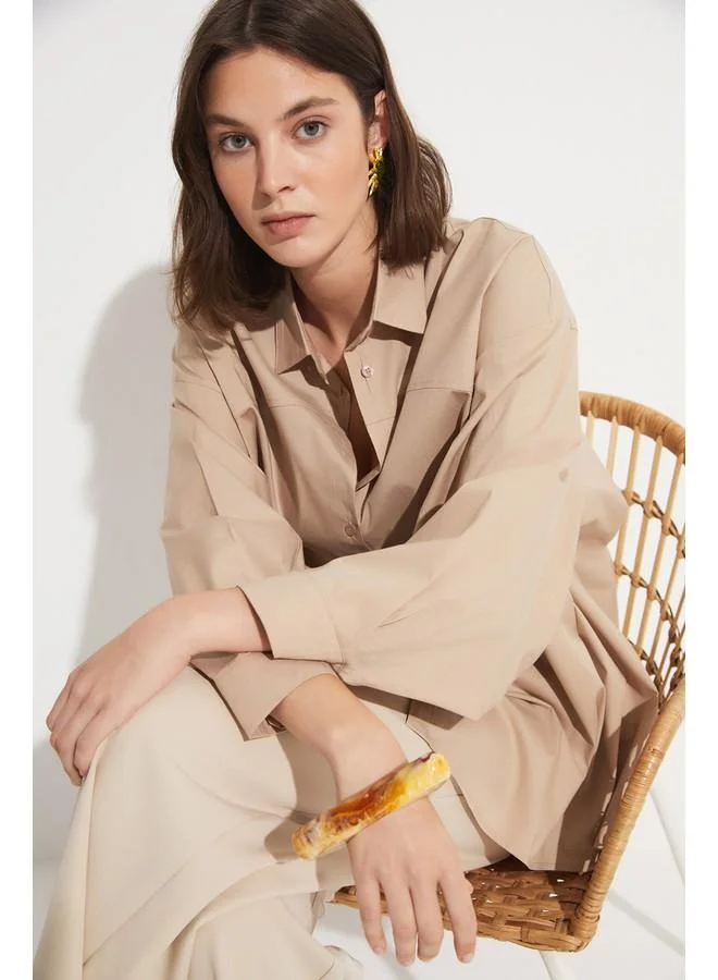 JUNE June 100% Cotton Stitching Detailed Shirt Stone