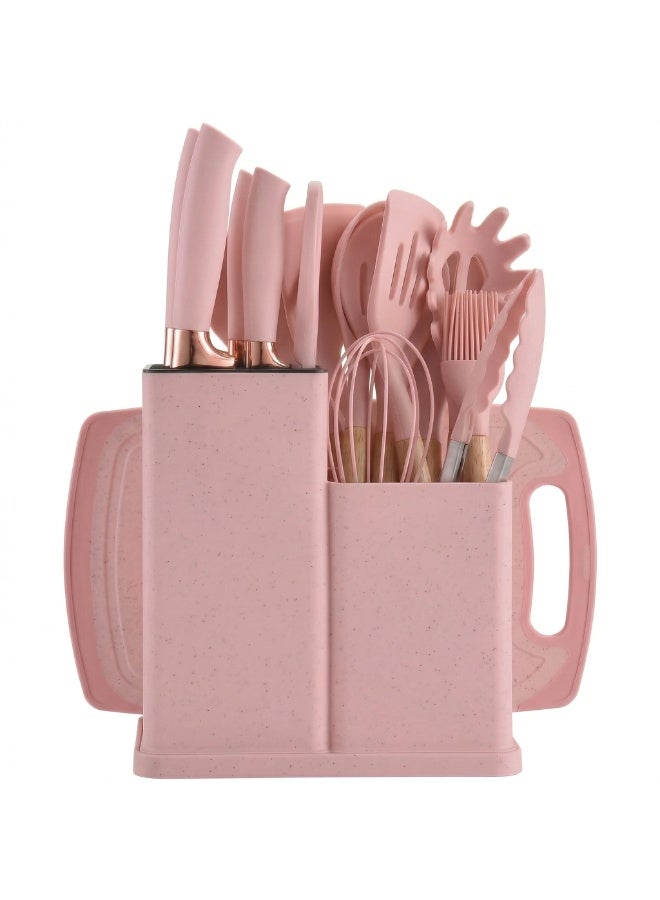 Silicone Kitchen Set with Knives, Holder, Cutting Board and Scissors for Food Prep and Daily Cooking- Pink