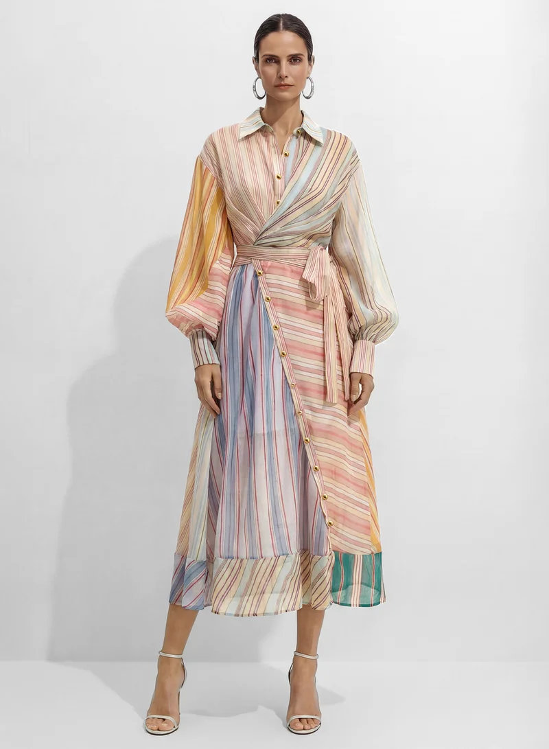 Sunfere Wait For The Applause Multi Striped Puff Sleeve Maxi Dress