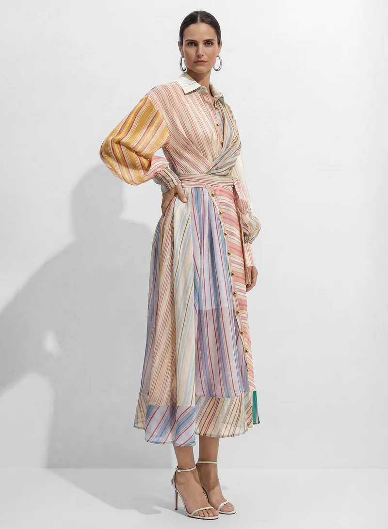 Sunfere Wait For The Applause Multi Striped Puff Sleeve Maxi Dress