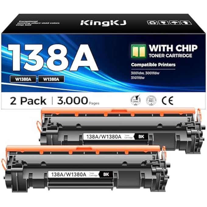 خراطيش حبر 138A (عبوة 2 مع شريحة) بديل، مناسب لطرازات HP 138A، W1380A، 138X، W1380X من خراطيش الحبر، متوافق مع الطابعات الليزرية PRO 3001DW، 3001DWE، PRO MFP 3101FDW، 3101FDWE. - Image 2