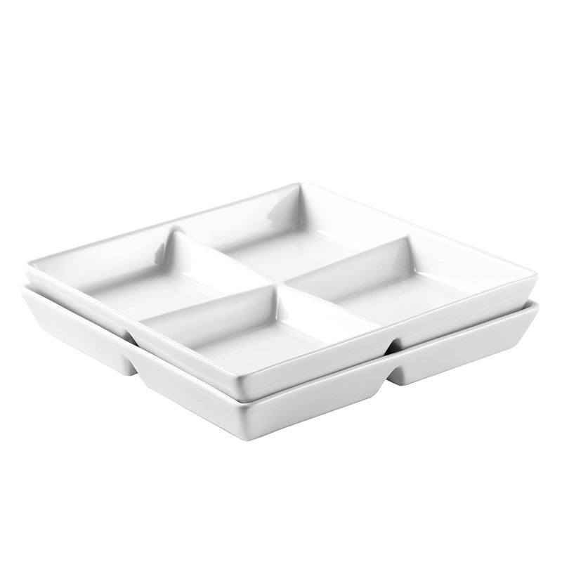 Bruntmor Snacks Dinner Serving Tray Dish in White 10 x 10 inch Set of 2 Decorative Ceramic Appetizer 4 Compartment Serving Platter Tray  Chafing Dish  Serving Dishes