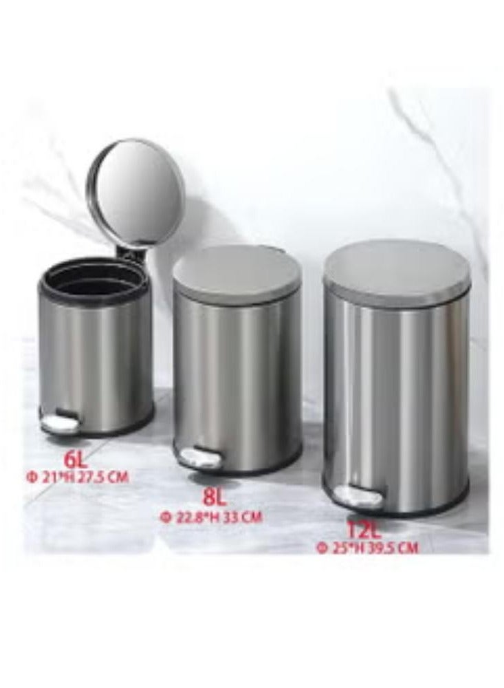 Stainless Steel Double Layer Dustbin with Pedal and Lid For Bathroom Kitchen,Silent Lidded Trash Bin,Fingerprint-Proof Modern Garbage Can,Round Bucket with Handle for Home Office (Grey, 12L) - Image 2