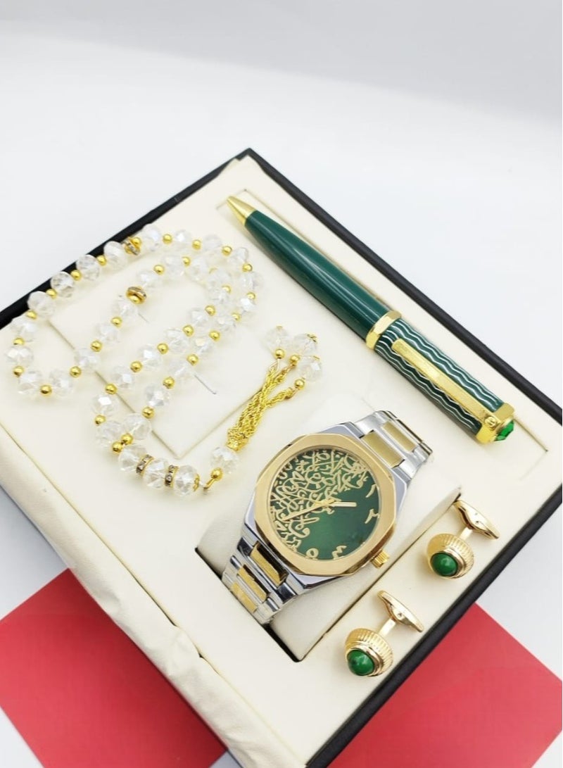 Catera A gift set for a high-quality, elegant waterproof men's watch, a silver and gold bracelet and a green dial with Arabic decorations - limited edition 