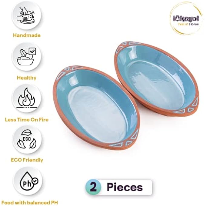 rayihni Terracotta Oval Oven Tray Wh Oval Pots For Cooking With Handles Pan For Mexican Indian Korean Dishes Handmade Cookware Clay Pan For Cooking Turquoise Pot Set 2 Pcs - Image 5