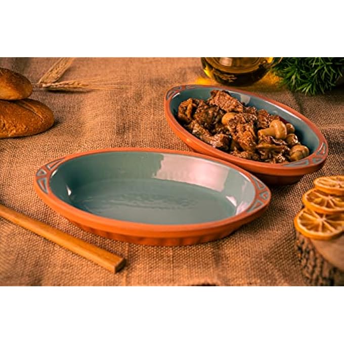 rayihni Terracotta Oval Oven Tray Wh Oval Pots For Cooking With Handles Pan For Mexican Indian Korean Dishes Handmade Cookware Clay Pan For Cooking Turquoise Pot Set 2 Pcs - Image 2