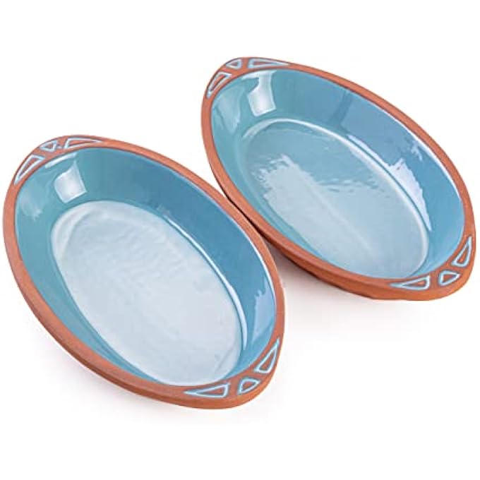 rayihni Terracotta Oval Oven Tray Wh Oval Pots For Cooking With Handles Pan For Mexican Indian Korean Dishes Handmade Cookware Clay Pan For Cooking Turquoise Pot Set 2 Pcs - Image 1