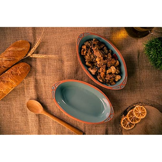 rayihni Terracotta Oval Oven Tray Wh Oval Pots For Cooking With Handles Pan For Mexican Indian Korean Dishes Handmade Cookware Clay Pan For Cooking Turquoise Pot Set 2 Pcs - Image 4