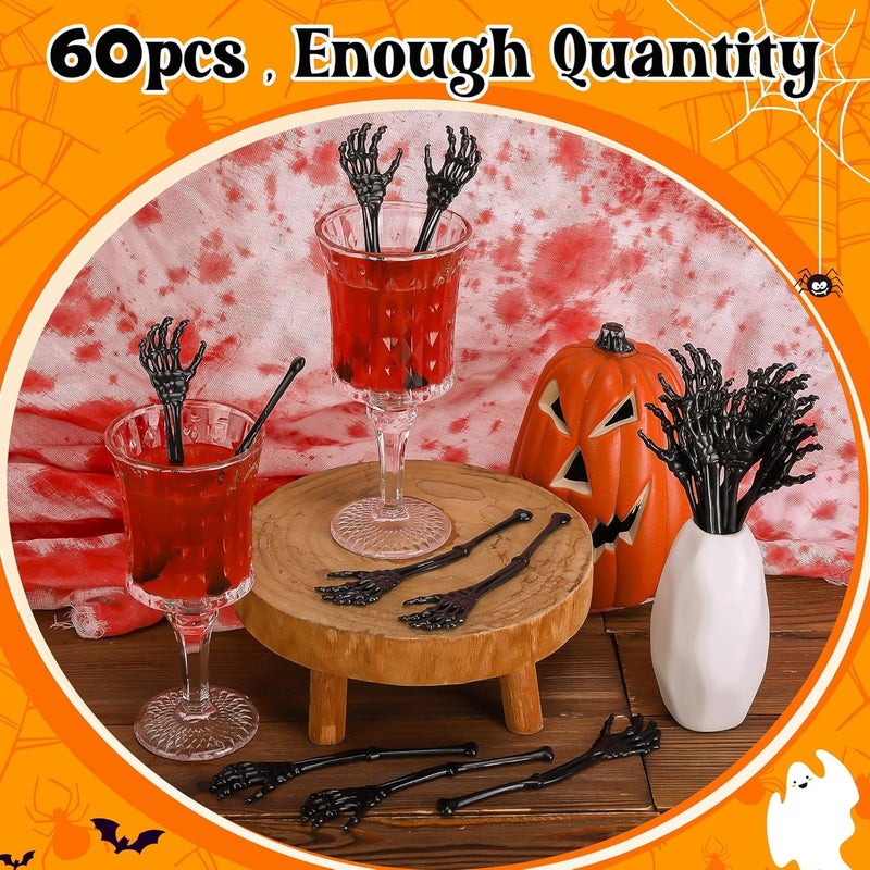 RunNico 60 Pcs 5.9''x1.5'' Halloween Skeleton Cocktail Stirrers, Reusable Skeleton Hand Swizzle Sticks, Halloween Plastic Drink Stirrer for Home Bar Horror Party Table Decorations - Image 3