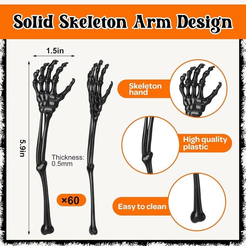 RunNico 60 Pcs 5.9''x1.5'' Halloween Skeleton Cocktail Stirrers, Reusable Skeleton Hand Swizzle Sticks, Halloween Plastic Drink Stirrer for Home Bar Horror Party Table Decorations - Image 2