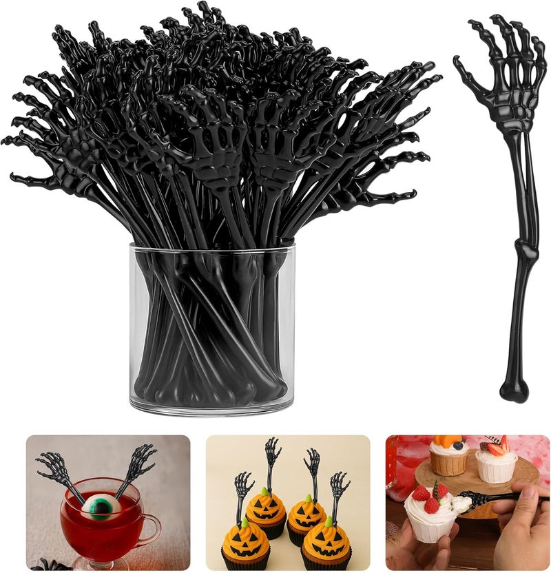 RunNico 60 Pcs 5.9''x1.5'' Halloween Skeleton Cocktail Stirrers, Reusable Skeleton Hand Swizzle Sticks, Halloween Plastic Drink Stirrer for Home Bar Horror Party Table Decorations - Image 1
