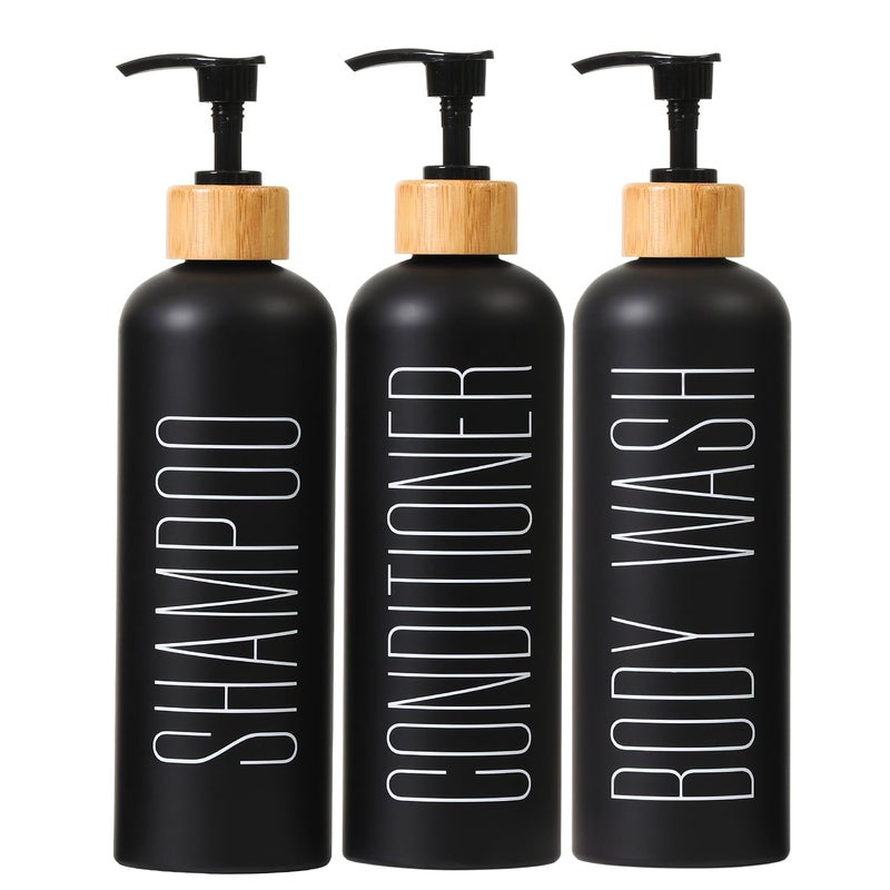 HOMCDALY 16oz 3-Pack Refillable Black Bathroom Shower Set - Empty Bottles with Pump for Shampoo, Conditioner, or Body Wash - Image 1
