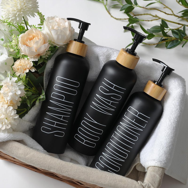 HOMCDALY 16oz 3-Pack Refillable Black Bathroom Shower Set - Empty Bottles with Pump for Shampoo, Conditioner, or Body Wash - Image 5
