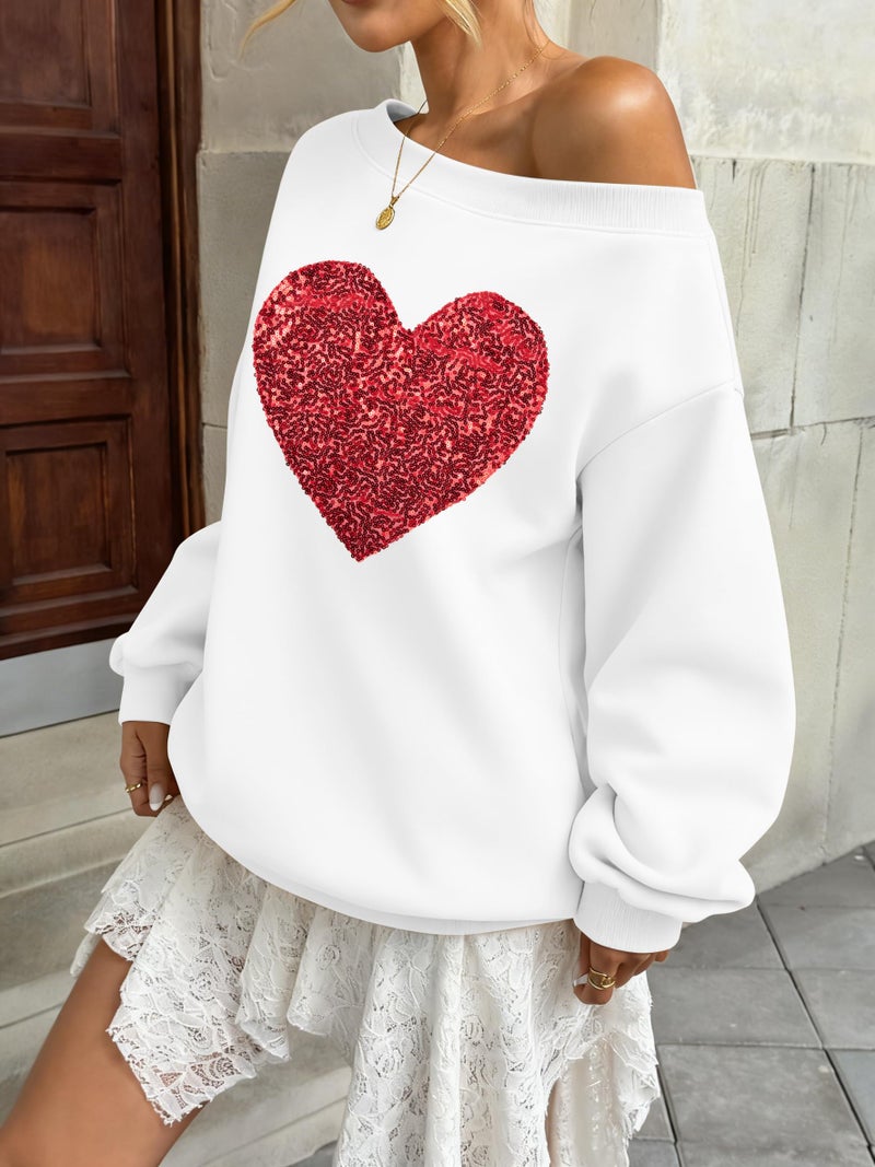 BANGELY Valentines Off Shoulder Sweatshirt Women Love Heart Long Sleeve Shirt Casual Oversized Sweatshirts Fashion Sequin Top White - Image 4
