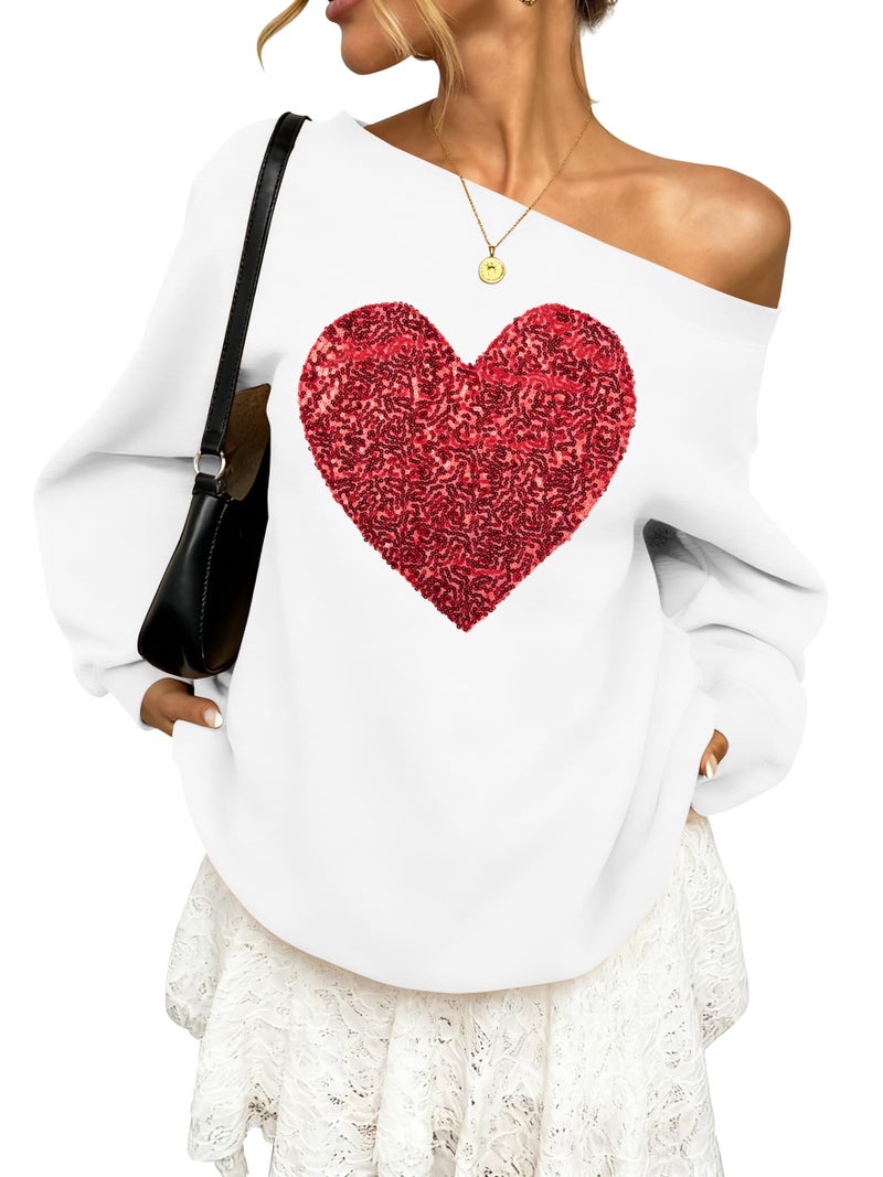 BANGELY Valentines Off Shoulder Sweatshirt Women Love Heart Long Sleeve Shirt Casual Oversized Sweatshirts Fashion Sequin Top White - Image 1