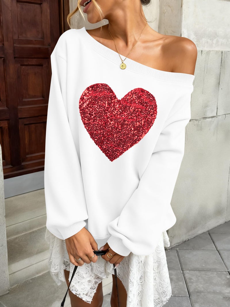 BANGELY Valentines Off Shoulder Sweatshirt Women Love Heart Long Sleeve Shirt Casual Oversized Sweatshirts Fashion Sequin Top White - Image 2