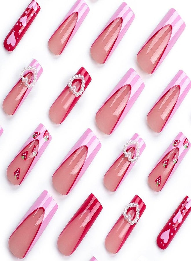 Hrnsnails Valentines Nails - Long Press On Nails Coffin Fake Nail With 3D Heart Pearl Strawberry Designs Pink French Acrylic Artificial Glue On False Nail Press Ons Stick On Nails for Women Girls - Image 3