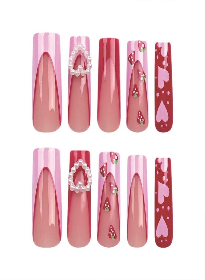 Hrnsnails Valentines Nails - Long Press On Nails Coffin Fake Nail With 3D Heart Pearl Strawberry Designs Pink French Acrylic Artificial Glue On False Nail Press Ons Stick On Nails for Women Girls - Image 5