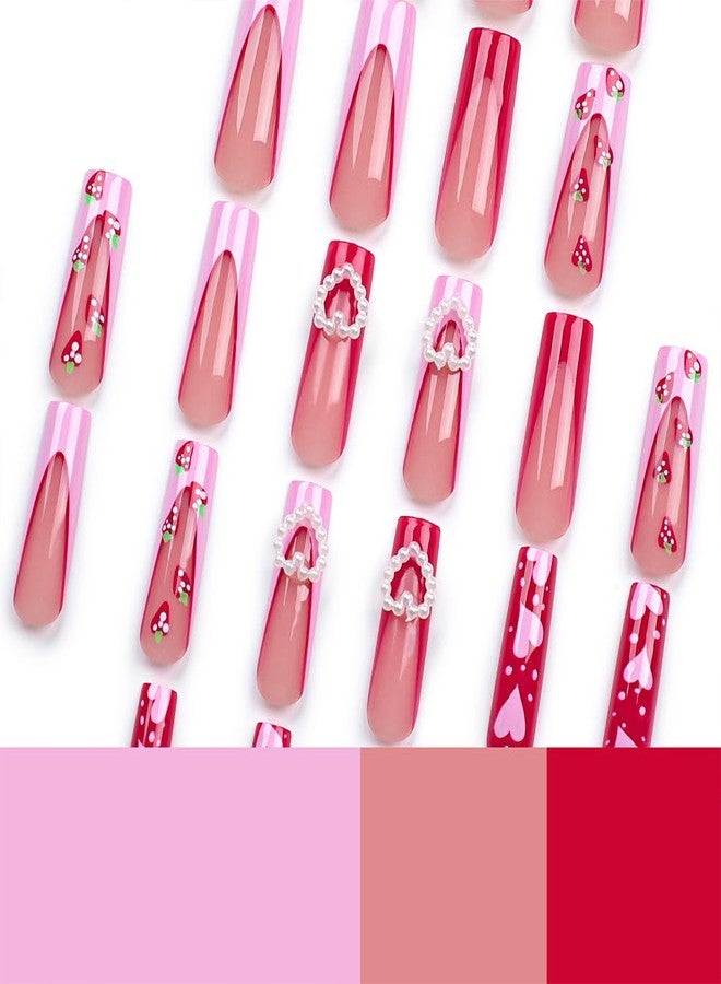 Hrnsnails Valentines Nails - Long Press On Nails Coffin Fake Nail With 3D Heart Pearl Strawberry Designs Pink French Acrylic Artificial Glue On False Nail Press Ons Stick On Nails for Women Girls - Image 4