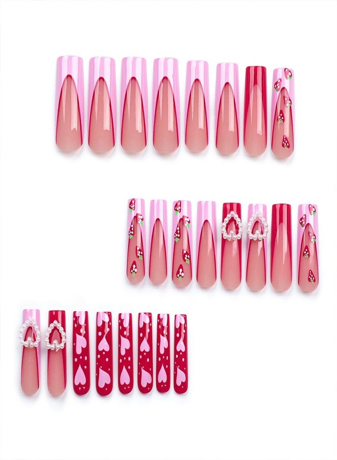 Hrnsnails Valentines Nails - Long Press On Nails Coffin Fake Nail With 3D Heart Pearl Strawberry Designs Pink French Acrylic Artificial Glue On False Nail Press Ons Stick On Nails for Women Girls - Image 2