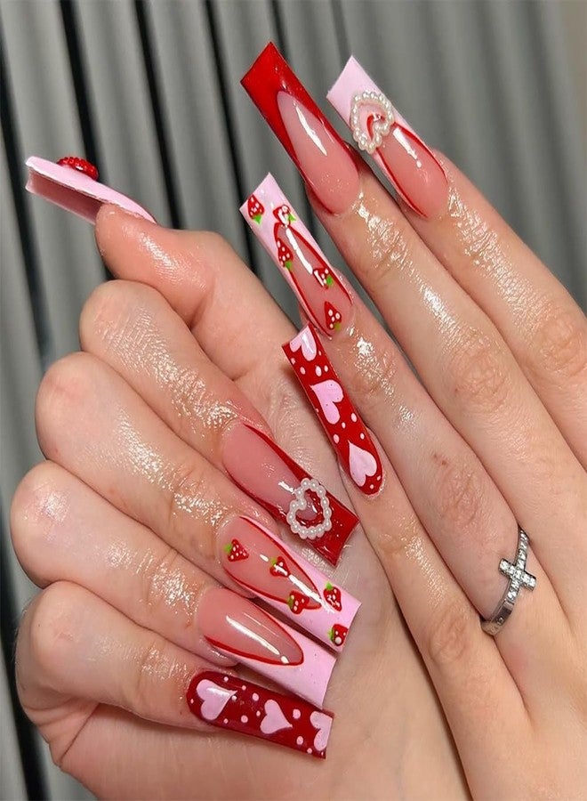 Hrnsnails Valentines Nails - Long Press On Nails Coffin Fake Nail With 3D Heart Pearl Strawberry Designs Pink French Acrylic Artificial Glue On False Nail Press Ons Stick On Nails for Women Girls - Image 1