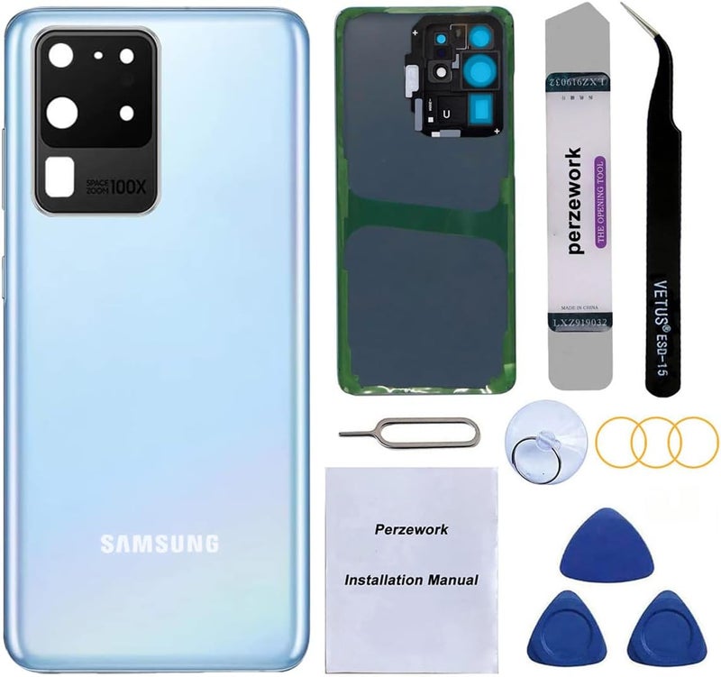 Perzework Rear Back Glass Replacement for Samsung Galaxy S20 Ultra 6.9 inches 5G with Repairing Toolkit and Pre-Installed Adhesive (Cosmic Blue) - Image 1
