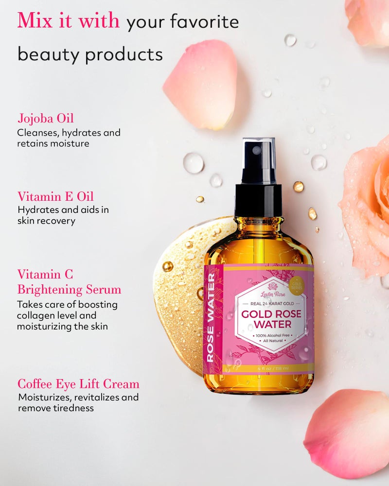 Leven Rose 24 Karat Gold Rose Water Toner by Leven Rose Natural Moroccan 24K Rosewater Toner 4 oz - Image 4