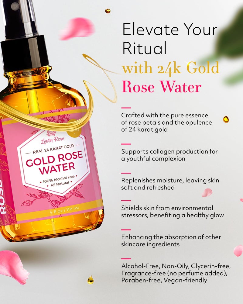 Leven Rose 24 Karat Gold Rose Water Toner by Leven Rose Natural Moroccan 24K Rosewater Toner 4 oz - Image 2