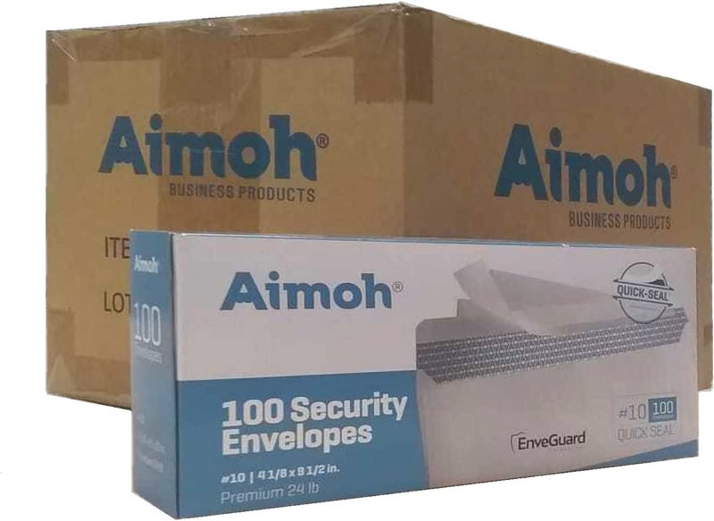 Aimoh #10 Security Tinted Self-Seal Envelopes - No Window - EnveGuard, Size 4-1/8 X 9-1/2 Inches - White - 24 LB - 1 Case - 24 Packs - 2,400 Envelopes (34100-CS) - Image 1