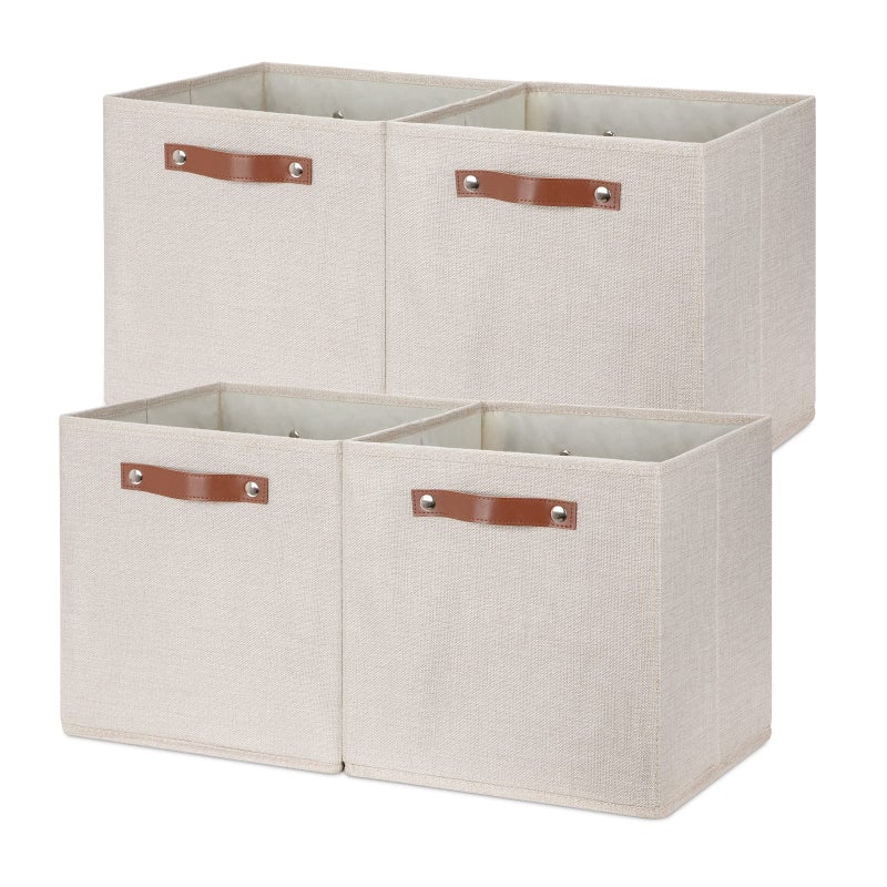 Temary Cube Storage Bins 12 Inch Storage Cubes 4PCs Fabric Organizer Bins Boxes with Handles Sturdy Collapsible Closet Storage Organizer for Shelf Bedroom Cabinet Beige 12 x 12 x 12