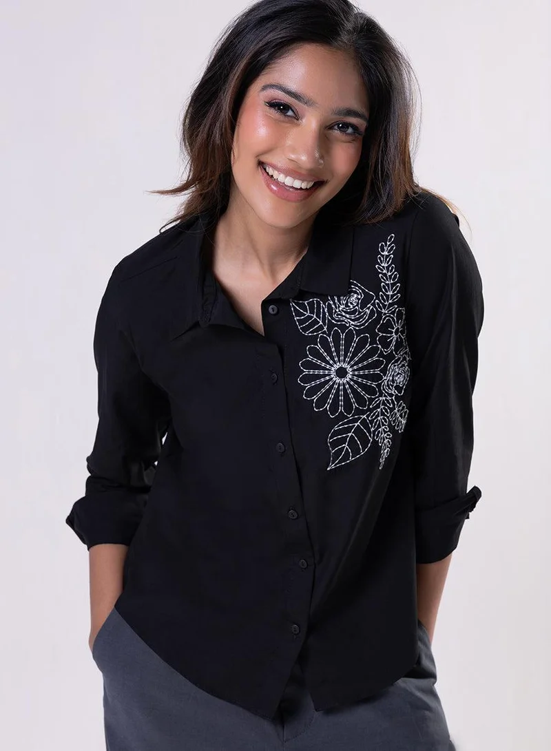 Zigzag Floral Embroidered Shirt Top