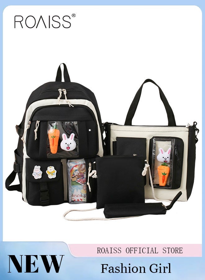 roaiss 4-Piece Set Cute Girls backpack, Ergonomic Lightweight Large Capacity Waterproof School Backpack, Adjustable Shoulder Strap Crossbody Bag, Drawstring Pouch Pencil Case, Multiple Compartments, Black - Image 1