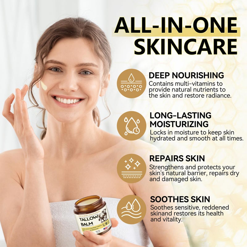 Veakoo Beef Tallow for Skin, Organic Whipped Tallow and Honey Balm, Grass Fed Beef Tallow Face Moisturizer, Natural Tallow Skin Care Cream Body Butter, Nourish and Soothe Dry Skin - Image 3