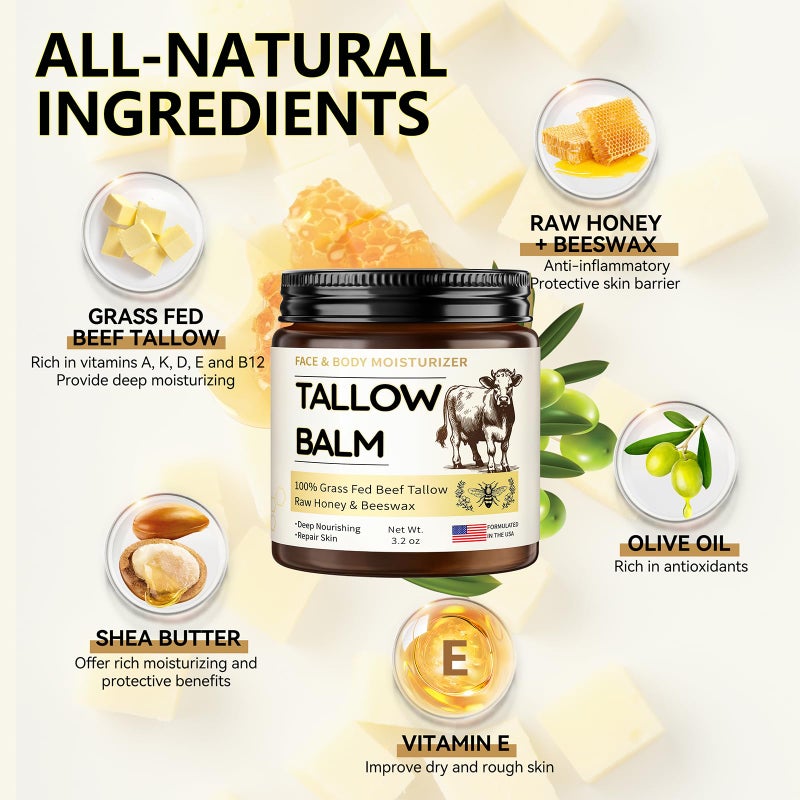 Veakoo Beef Tallow for Skin, Organic Whipped Tallow and Honey Balm, Grass Fed Beef Tallow Face Moisturizer, Natural Tallow Skin Care Cream Body Butter, Nourish and Soothe Dry Skin - Image 2